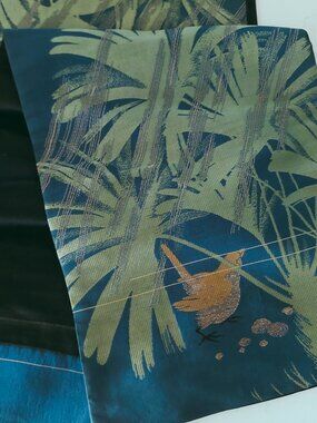 Vintage Nagoya Silk Japanese Obi Kimono Belt Bird Teal Mustard Yellow Black